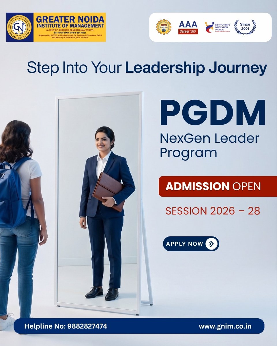 gnimofficial's tweet photo. Admissions Open | PGDM NexGen Leader Programme | Session 2026-28

Apply at https://t.co/rFLZ97bOPU or reach out to us at pgdmadmission@gnim.in | 09882827474

#GNIM #PGDMAdmissions #NexGenLeader #ManagementEducation #GreaterNoida #AICTE #LeadershipJourney https://t.co/JW89Klau2X