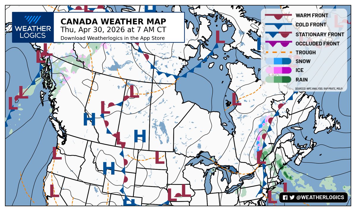 weatherlogics's tweet image. Canada weather map - Thursday, April 30, 2026

#bcwx #abwx #skwx #mbwx #onwx #meteoqc #nbwx #nswx #pewx #nlwx