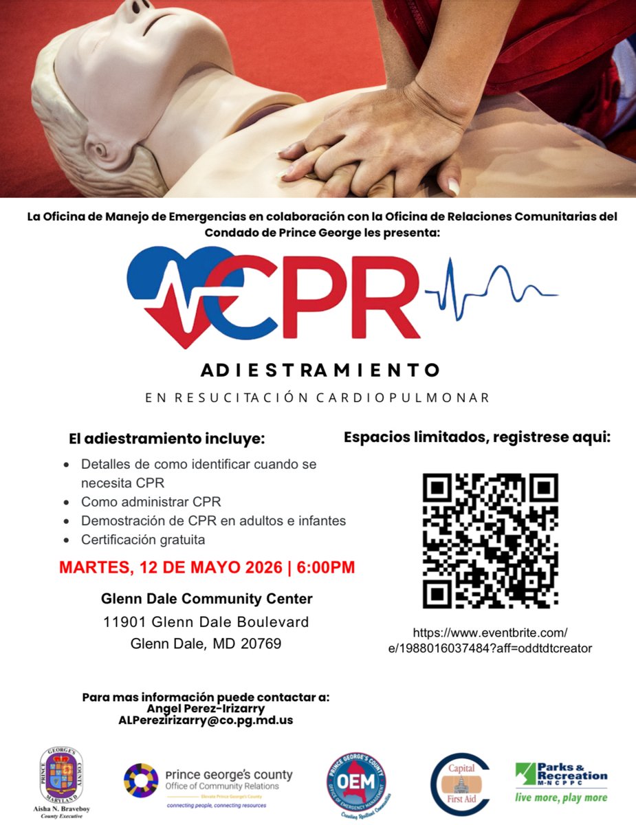 PGCCommunity's tweet photo. FREE Spanish CPR Training 🫀
Tuesday, May 12 | 6 PM
Glenn Dale Community Center
Learn to recognize emergencies, perform CPR, and earn a free certification. Limited spots—register today! https://t.co/qvKFc0OK9R