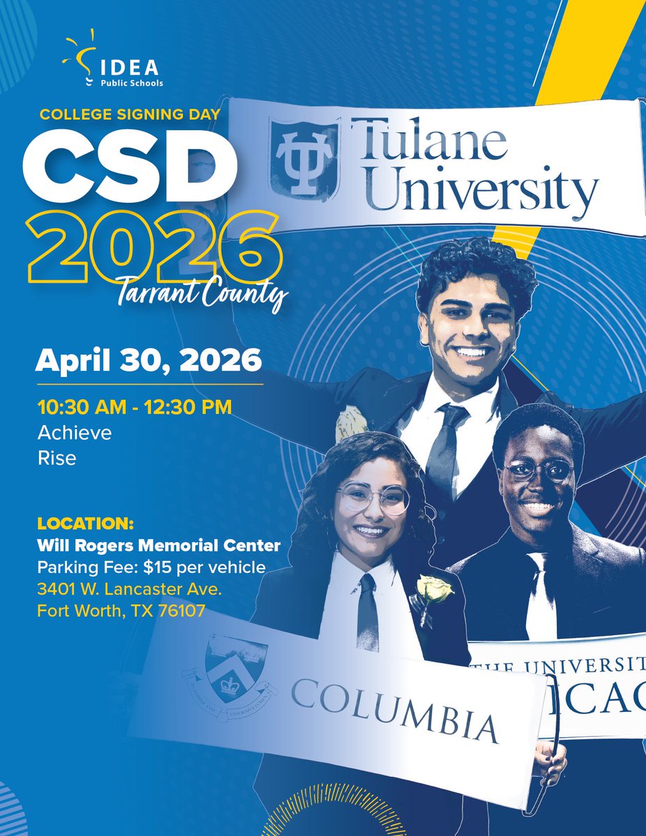 IDEAschools's tweet photo. For the first time ever, IDEA Tarrant County celebrates College
Signing Day! 🤩 Watch the event as we celebrate the founding classes of IDEA Achieve and IDEA Rise in the region's first #IDEACSD event! 🎉 

Watch live or catch the replay at https://t.co/5PkEUxC4nX https://t.co/2aATNYYEva