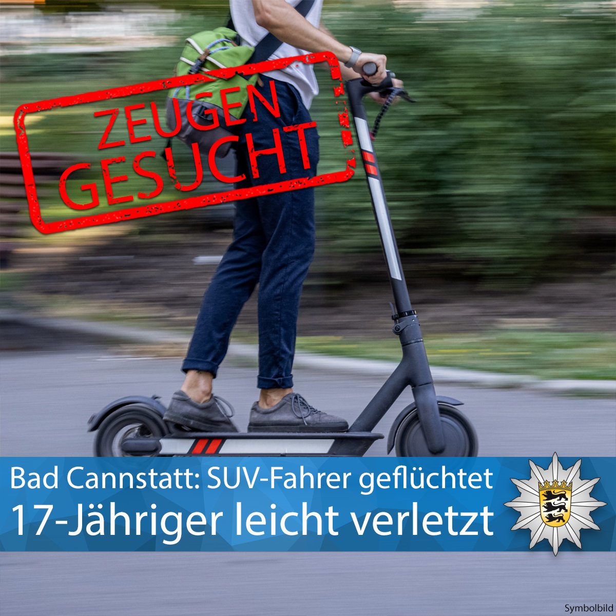 PP_Stuttgart's tweet image. #BadCannstatt Ein unbekannter SUV-Fahrer ist am Dienstag gegen 6.45 Uhr in der Deckerstraße mit einem 17-jährigen E-Scooter-Fahrer zusammengestoßen. Hierbei stürzte der 17-Jährige zu Boden und verletzte sich leicht. Zur PM ▶️ sohub.io/yc9k Eure #Polizei #Stuttgart