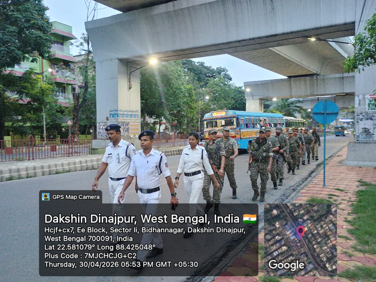 bidhannagarpc's tweet photo. Post-poll route marches are being conducted across various pockets of the Commissionerate area to prevent any incidents of post-poll violence and to ensure peace and stability following the Assembly Elections 2026.
#Assembly_Election_2026
#VoterSafety
#bdnpc
#bidhannagarpolice https://t.co/4qR8J0Jtbc