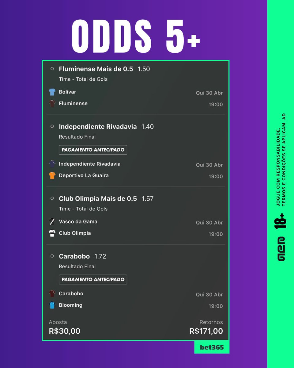 APalpites's tweet photo. Múltipla da Liberta + Sula | R$30 vem R$171

➡️ Bilhete pronto aqui: https://t.co/wXWhukcetr

Bora tentar o 3º greenzaço seguido com jogos sul-americanos na bet365.

🔗 Cria sua conta na casa: https://t.co/La1e7r682E

18+, jogo responsável. Leia os T&amp;C. ad https://t.co/u2WpcMz7ar