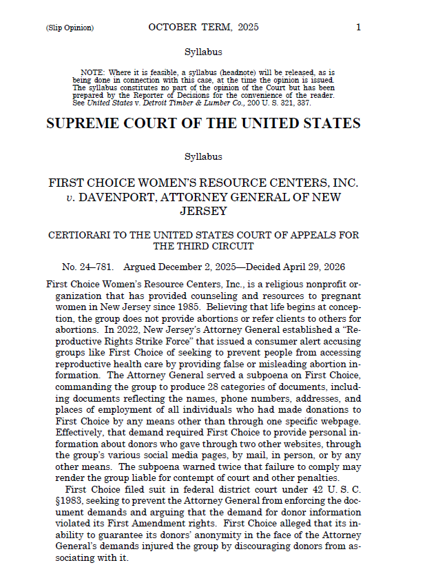 LawLechner's tweet photo. Pro-life women’s resource center “established a present injury to its First Amendment associational rights” when New Jersey’s "Reproductive Rights Strike Force" targeted it with a subpoena demanding information about its donors, SCOTUS rules. https://t.co/gwnxCGzBrb