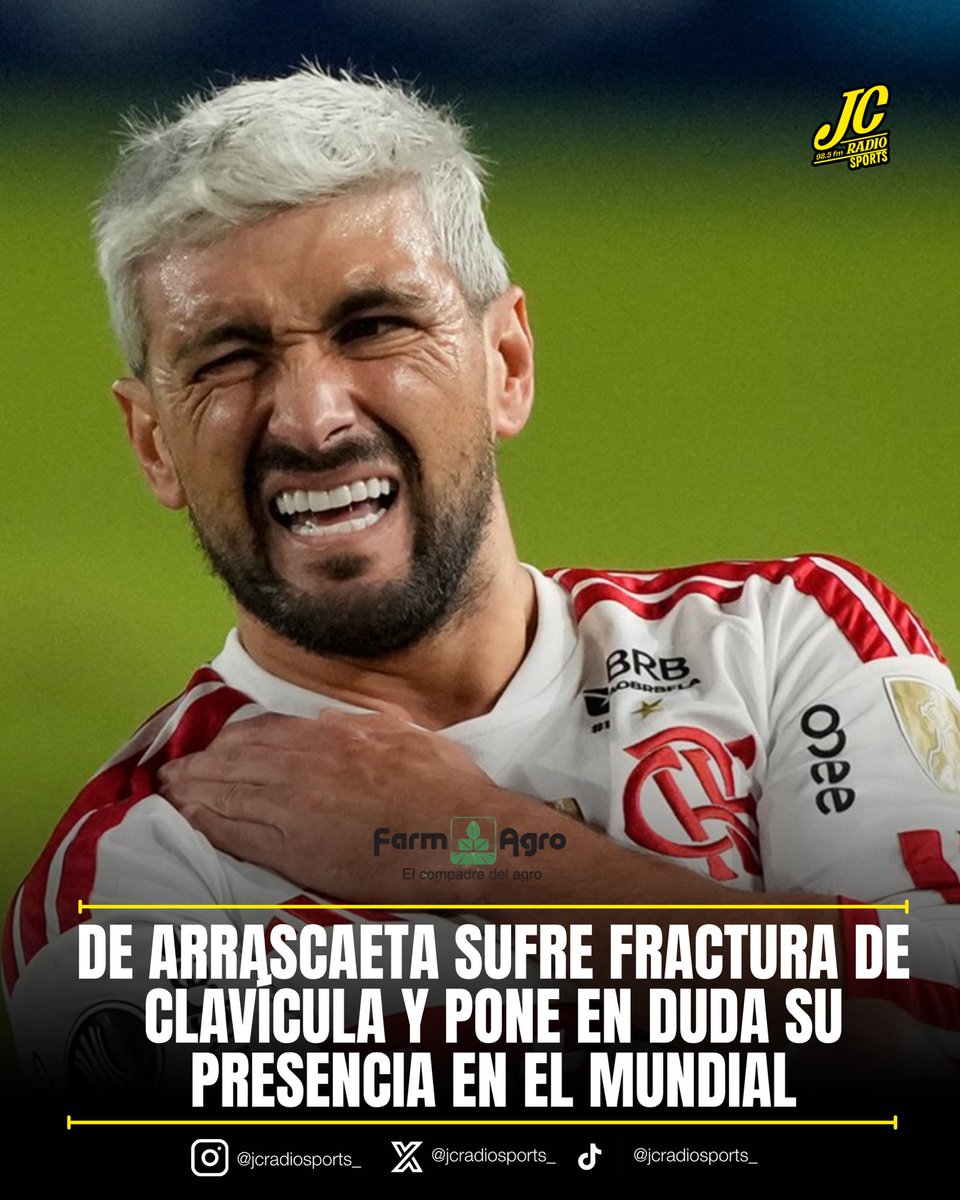 JCRadioSports_'s tweet image. Giorgian de Arrascaeta sufrió fractura de clavícula ante Estudiantes de La Plata. ⚠️

El jugador de Flamengo será operado y tendría entre 6 y 12 semanas de baja. 👀

Se complica su presencia con Selección de Uruguay en el Mundial. ⛔️🔥

#Uruguay #JCRadioSports