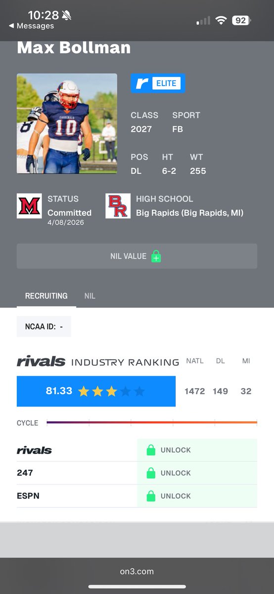 BollmanMax's tweet photo. Blessed to be a 3 ⭐️ on @Rivals 

 @MiamiOHFootball @drew15martin @CoachZeek_ @CoachPlum_ @CoadyKeller1 @drew15martin @mfarrellsports @CharlieSarchet @247Sports @AllenTrieu @TheD_Zone @PrepRedzoneMI @MichFBFrenzy @Coachjpatton https://t.co/69B1ThBxyp