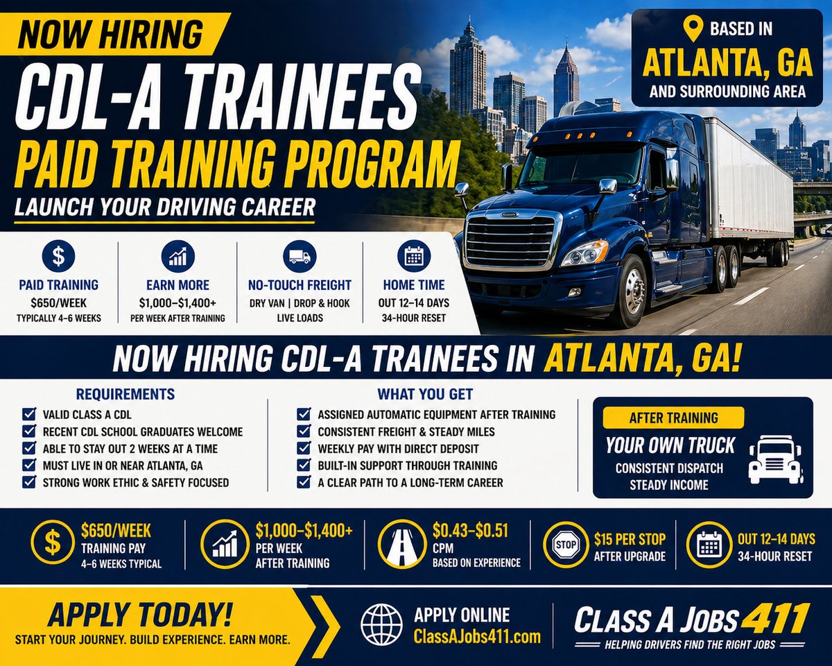 Classajobs's tweet photo. NOW HIRING CDL-A TRAINEES – Atlanta, GA - All of GA is in the hiring area.
Get paid training and start your driving career the right way.
• $650/week training
• $1,000–$1,400+ after upgrade
• No-touch freight
• Consistent miles
• Nationwide opportunities
If you just got your CDL-A and need experience, this is your entry point.
Apply here: https://t.co/1jVAVtu2tC #truckdrivers #newtrucker