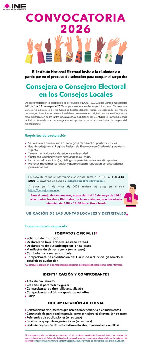 ¡Mañana abrimos! 1 de mayo inician las inscripciones para Consejos Locales INE Puebla. Sé de los primeros en registrarte. consejos.ine.mx  #ConsejerosLocalesINE"