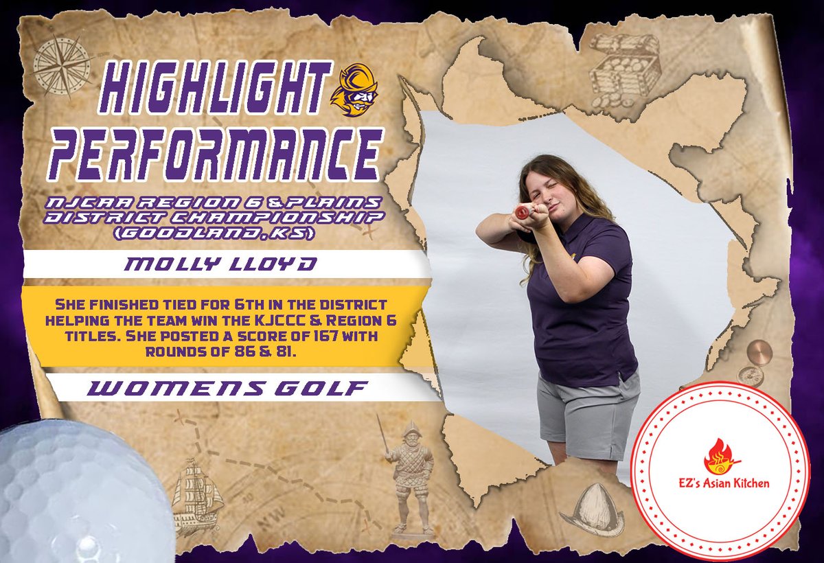 GoConqs's tweet photo. ⛳️Highlight Performance of the Day⛳️ 

EZ's Asian Kitchen Highlight Performance of the Day for Women's Golf - Molly Lloyd as she finished T-6th with a 167 score at the NJCAA Region 6 & Plains District Championship #GoConqs #BurnTheBoats 

EZ's Asian Kitchen - Located at 2409 Central Ave in Dodge City, KS