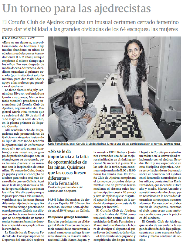 espaciocorunacc's tweet photo. ♟️ El ajedrez también se juega en femenino

Del 30/04 al 03/05 acogemos el Magistral María Pita, un torneo para dar visibilidad a las ajedrecistas 💜

📍 Planta 1
¿Te pasas a verlo?
#Ajedrez #Coruña #Eventos

@lavozdegalicia https://t.co/Au066eYRv7