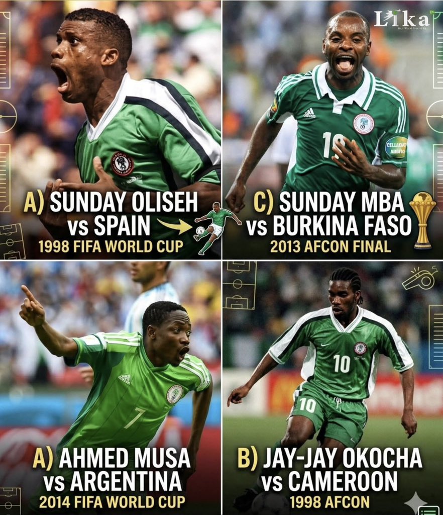 official_esclub's tweet photo. Sunday Oliseh vs Spain - 1998 FIFA World Cup
Jay-Jay Okocha vs Cameroon - AFCON 2000
Sunday Mba vs Burkina Faso - AFCON 2013 Final
Ahmed Musa vs Argentina - FIFA World Cup 2014…..

Which is your greatest Super Eagles goal of all time? 🤔💭 https://t.co/6tQD3D5Tod