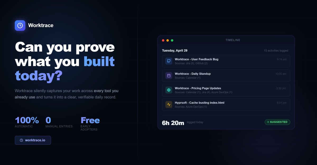 HyprsoftCorp's tweet image. How honest is your standup, really? Most of us reconstruct the week from memory and round up. Worktrace builds an actual record from your calendar, GitHub, and Jira metadata. No guessing. 
Free at worktrace.io. 
#devtools #productivity #worktrace #nationalhonestyday