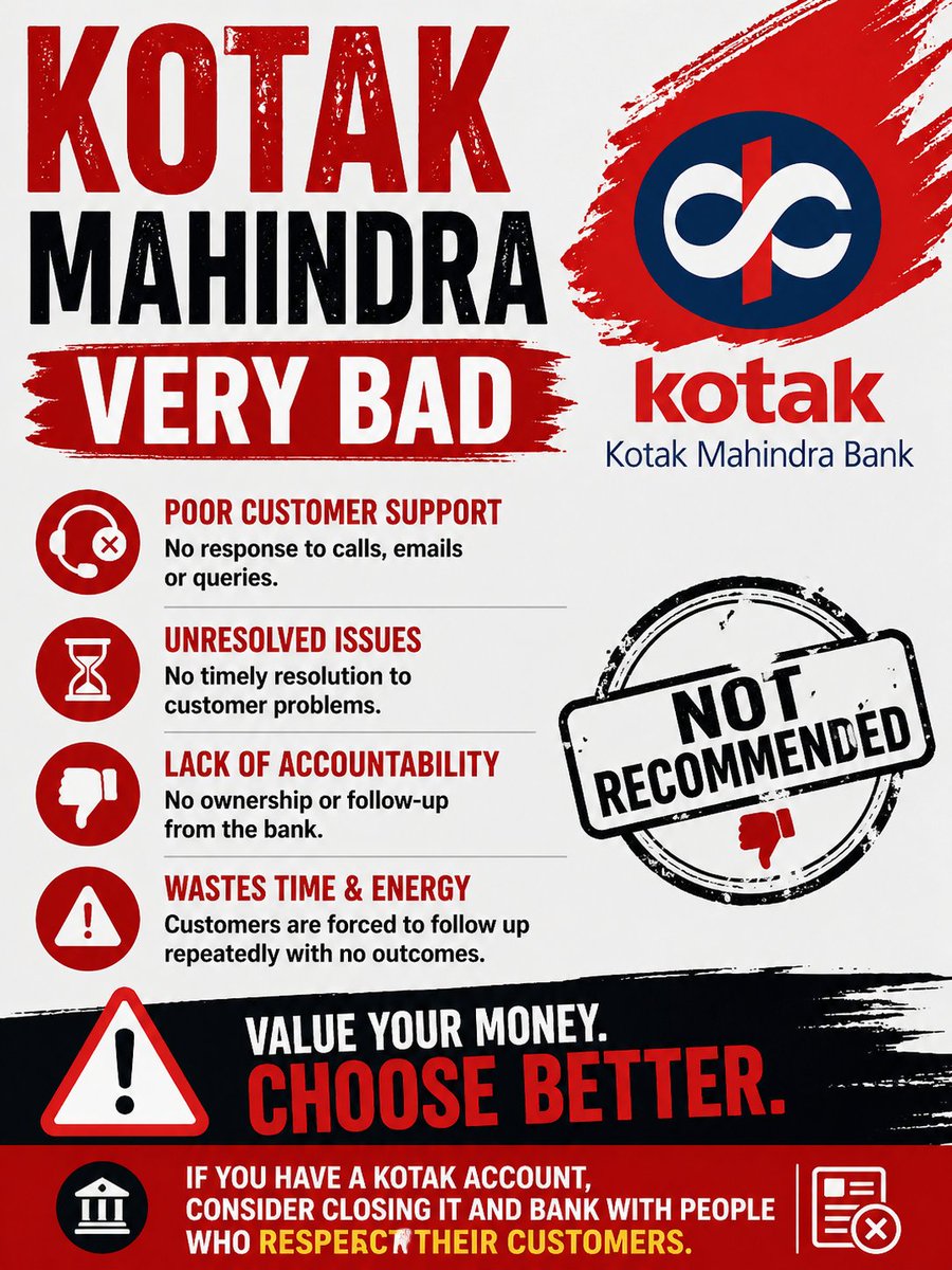 's tweet image. Extremely disappointed with Kotak Bank’s support—no proper response or resolution despite multiple attempts. This level of service is unacceptable. Consider choosing banks that truly value customer support. #KotakBank #PoorService