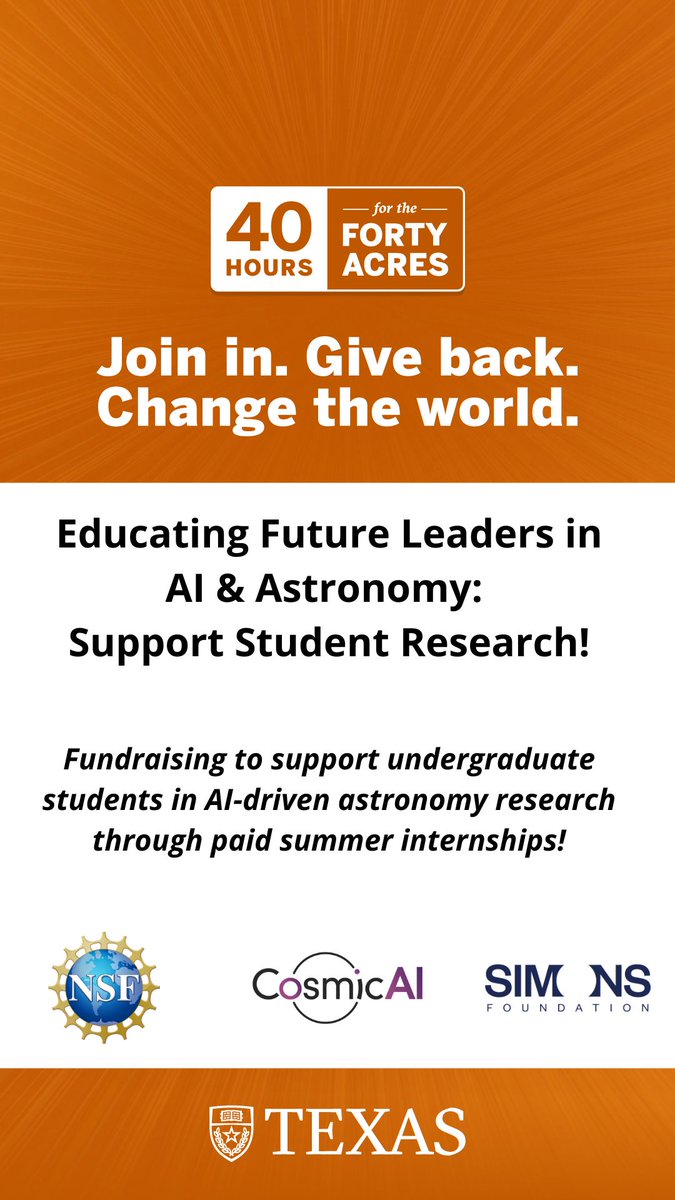 CosmicAI_Inst's tweet photo. 12 hours left! Donate to CosmicAI's 40 for Forty campaign! We’re raising funds to support paid summer research internships for undergrads exploring AI + astronomy. Every dollar goes to students! Campaign ends tonight at 10pm!

Donate now! https://t.co/NnzMT6bVEF https://t.co/GbgQ2dyOrl