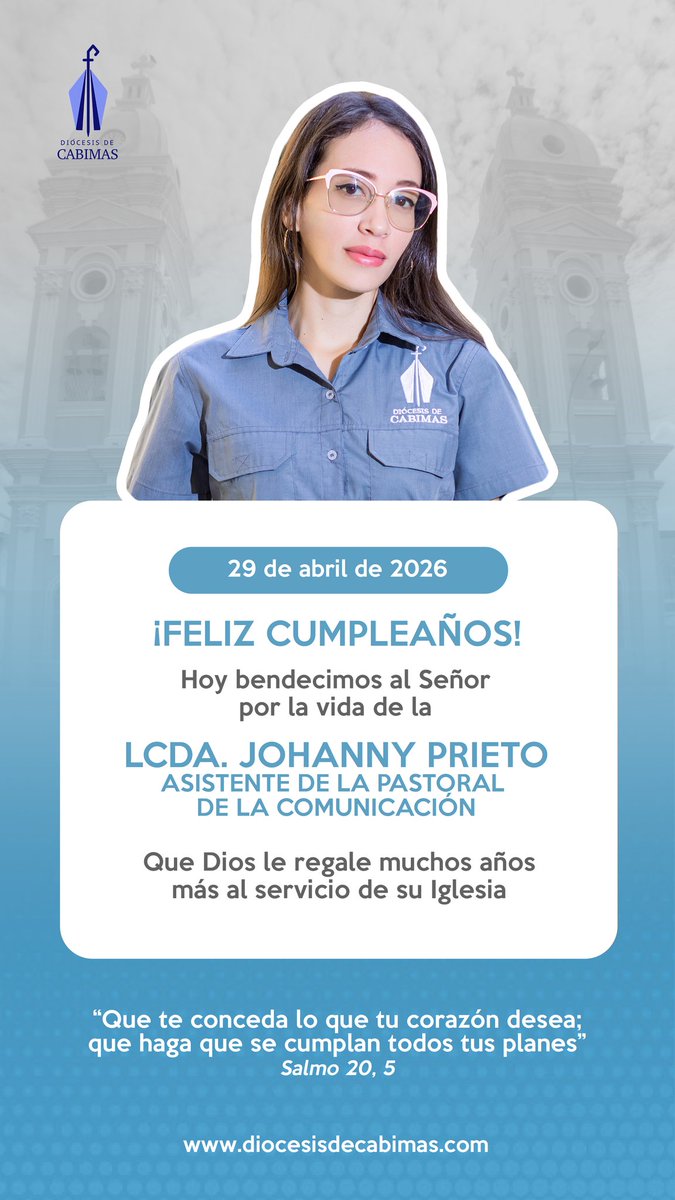 Damos gracias a Dios por un año más de vida de la Lcda. Johanny Prieto, asistente del Secretariado de Pastoral de la Comunicación 🎂

Ofrezcamos una oración por ella 🙏