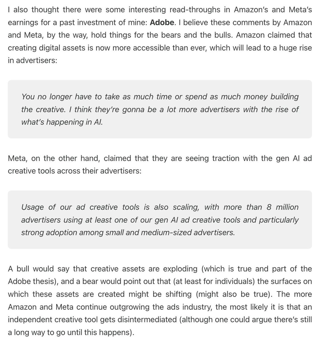 Invesquotes's tweet photo. Some thoughts on $ADBE in my most recent $AMZN earnings call

Interesting read-throughs from $META and $AMZN. Seems pretty obvious that digital assets are exploding, but who will win the incremental consumer? https://t.co/XdnujlkCDJ