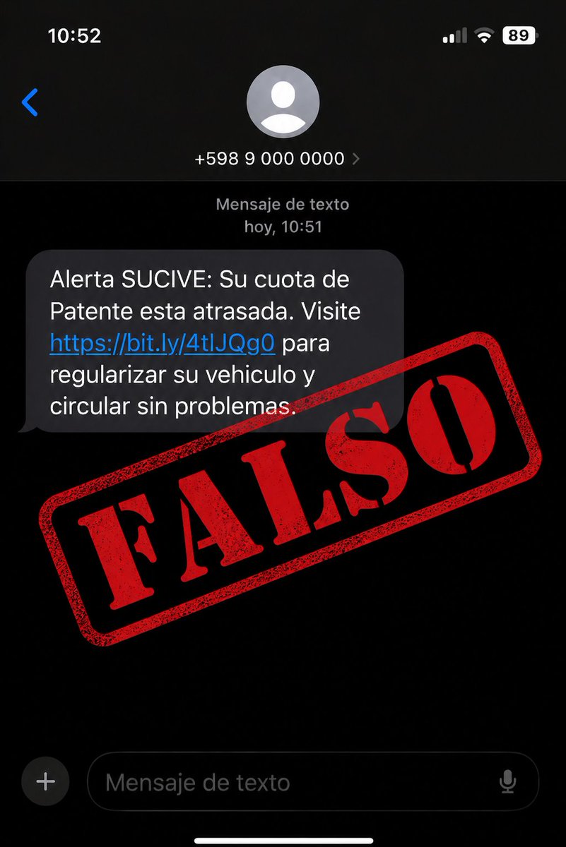 cintendentesuy's tweet photo. 🚨 ¡Atención! Alerta por mensajes falsos ❗Importante:
• El SUCIVE No envía SMS ni enlaces
🏢 Gestiones solo presenciales en Intendencias
⚠️ Estos mensajes son intentos de fraude informático.
👉 Evitá links y no compartas datos 
📍 Ante dudas, consultá en tu Intendencia https://t.co/O3sn8JWerD