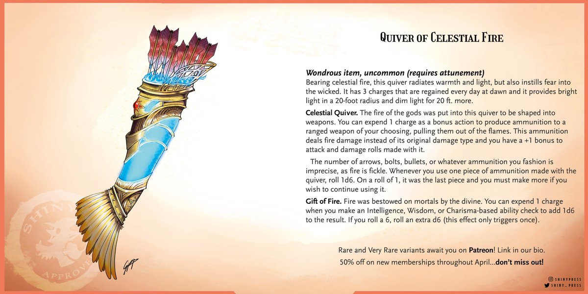 shiny_press's tweet image. 🔥 Old myths describe the sun as a loose arrow crossing the skies, shot from the bow of a god. This quiver gives credence to the story, as its fire could have been bestowed upon mortalkind as a gift or stolen from this ancient god’s bowstring.

#dnd #dnd5e #ttrpg