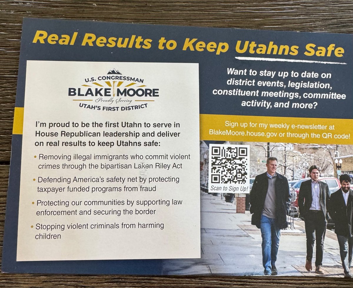 rachelle_morris's tweet photo. Yesterday, CD2 Republican voters received this taxpayer funded “informational” mailer from Blake Moore. In a delegate email last week, Blake explained he can use these funds to communicate to his constituents in a variety of ways, but that he’s not allowed to use these funds within 60 days of an election. (Well, this mailer is certainly hitting mailboxes within 60 days of an election.)

At this point, the voters who’ve sent Team Karianne the mailers are all current CD1 constituents of Blake who are also in the new CD2. 

I’m curious to find out if any current CD1 constituents in SLCo, Morgan, or Summit counties receive this mailer? (They live outside new CD2 so won’t be voting in the upcoming Primary)

Also, hilarious that he used a photo with Speaker Mike Schultz, Utah’s first elected official to endorse Karianne’s campaign against Blake. 

Utah now knows that a DC leadership position brings a whole lot of taxpayer funded campaigning — billboards, mailers, digital ads, and radio. Is this the kind of “leadership” Northern Utah wants?