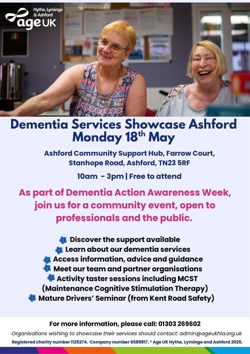 AgeUKHL's tweet image. 🧠 Dementia Services Showcase – Ashford

Join Age UK Hythe, Lyminge &amp;amp; Ashford during Dementia Action Awareness Week.

📅 Mon 18 May
🕙 10am–3pm
📍 Ashford Community Support Hub, Stanhope Rd, Ashford TN23 5RF
💷 Free entry

📞 01303 269602

#DementiaAwareness #AgeUK #AshfordKent