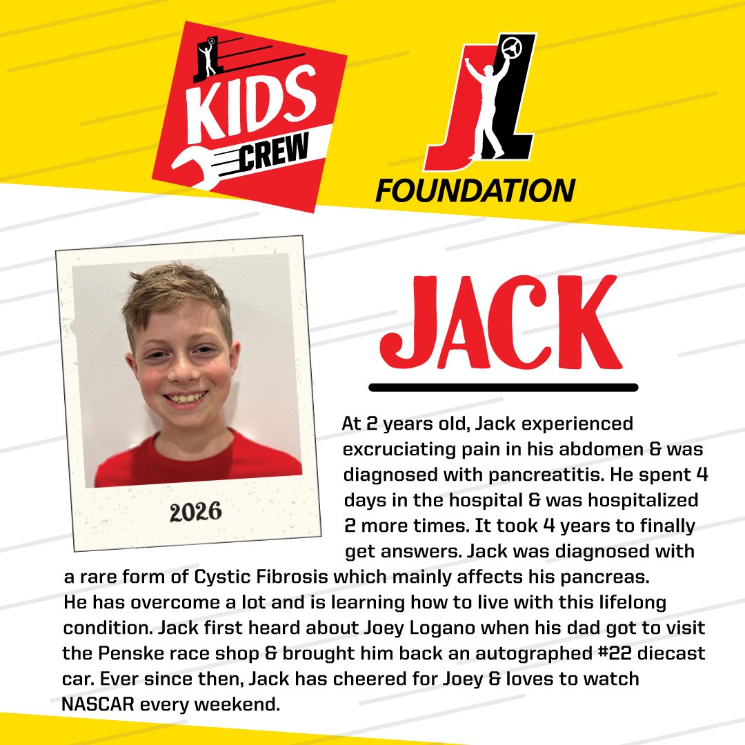 JoeyLoganoFDN's tweet photo. Meet Jack! We’re thrilled to kick off the 2026 JL Kids Crew at @txmotorspeedway this weekend and add Jack to the crew. He is one of three boys making their way to Texas, so help us cheer him on!

@joeylogano #JLKidsCrew #JoeyLogano #JoeyLoganoFoundation https://t.co/2dNRO6KP4j