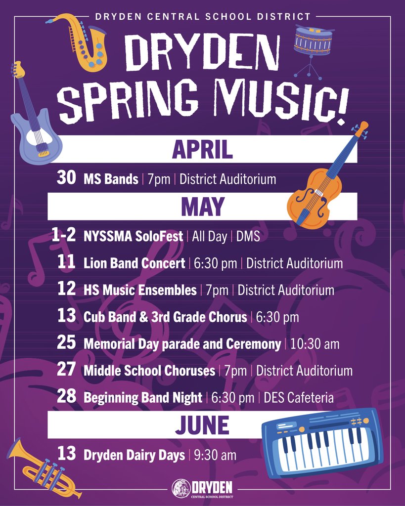 DrydenLionPride's tweet image. There are some exciting events coming up for the Dryden Music Department! 🎶
See our important spring dates below and consider coming out to support our talented student musicians! 
#LionPride