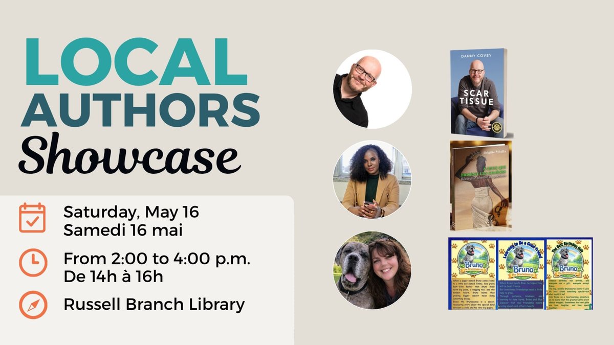 I'll be at the Township of Russell Library's Local Author Showcase Saturday, May 16 at 2 PM! Come by, say hello, purchase a signed copy of my book, and support your local authors!