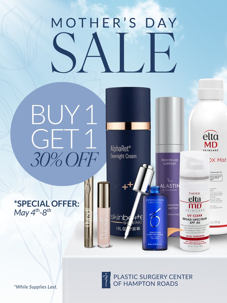 LofgrenPSCHR's tweet image. Mother’s Day Sale 🤝 #MelanomaAwarenessMonth ☀️💐

Stock up on SPF + your everyday favorites! 🛍️ From May 4th–8th, buy one retail product, get one 30% OFF at our Med Spa!

Aesthetic Vault members get a free gift 🎁

📱 | 757.960.3673

#MedSpa #SPF #MothersDay #Sale