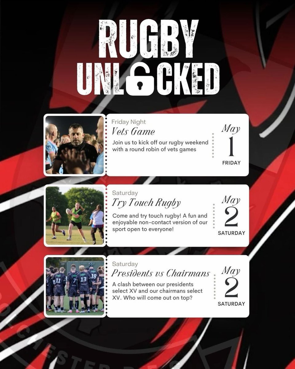 ColchesterRFC's tweet image. RUGBY UNLOCKED 🔓 
Don’t worry, we’ve got you sorted this weekend! Here’s the schedule for Rugby Unlocked this Friday and Saturday 🗞️ 
#ComeOnCol #ColchesterRugby #Colchester #Rugby #RugbyLife