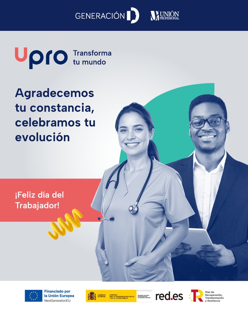 UProfesional's tweet image. Hoy celebramos la dedicación de quienes eligen la excelencia cada día. Desde #Upro, agradecemos tu compromiso constante con tu profesión y ser el motor que impulsa cada sector hacia adelante. ¡Feliz #DíadelTrabajador! 👏🏼 #NextGenerationEU #GeneraciónD #PlanDeRecuperación