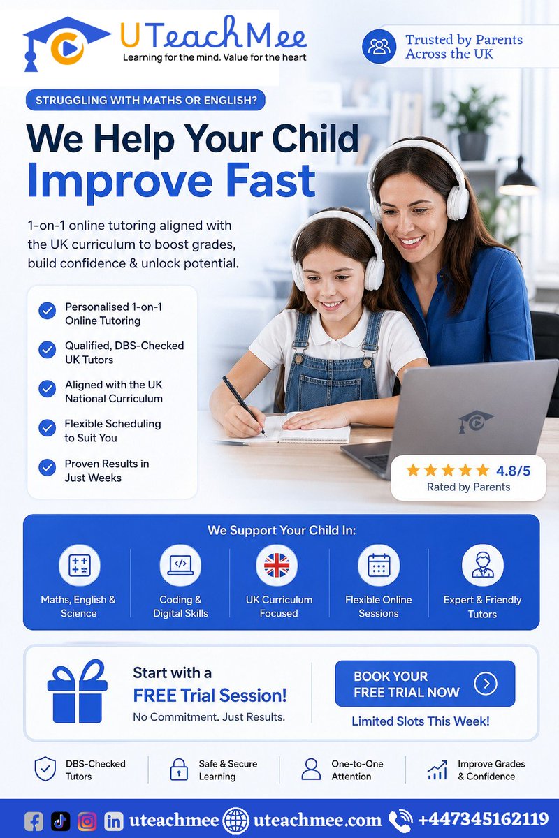 UTeachMee's tweet photo. Is your child struggling with Maths, English or other subjects?

You’re not alone- many UK parents are worried about falling grades and low confidence.

At UTeachMee, we provide 1-on-1 online tutoring tailored to your child’s needs and aligned with the UK curriculum. https://t.co/HOp78W396c