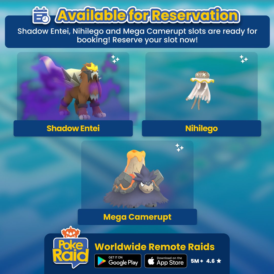 PokeRaidApp's tweet image. #ShadowEntei, #Nihilego and #MegaCamerupt slots are now available for reservation. Visit the "Bookings" tab on the #PokeRaidApp to book your slot now! Check out how room reservation works: buff.ly/eWmFhYM     

Find #PokemonGOfriends easily with PokeRaid!  

#Entei