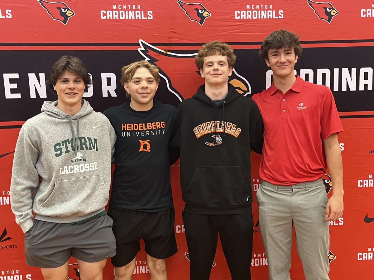 Mentor_Lax's tweet photo. Congrats to our 4 players that signed their letters of intent to their respective colleges yesterday. We know they will make @Mentor_Lax proud. 
#3 Kane Rocco Heidelberg 
#7 Carter Collins Heidelberg
#22 Patrick Zigman Lake Erie
#24 Joel Schuck Otterbein https://t.co/UZ0yQFL8Bl
