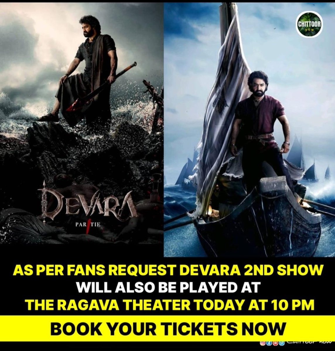 ChittoorNTRFans's tweet image. As per fans request 2nd show will also be played at Raghava theatre 💥🔥🐯 @tarak9999 
#Devara