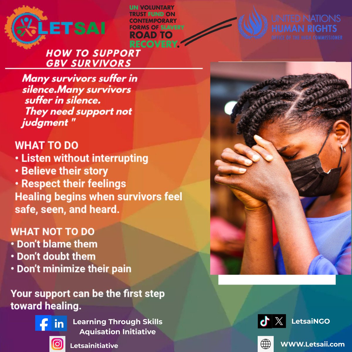 LetsaiNgo's tweet photo. any survivors suffer in silence. They need support—
not judgment. WHAT TO DO!👇
#EndGBV
#StopGenderBasedViolence
#NoToGBV
#BreakTheSilence
#SpeakOut
#EndViolence
@GlobalCtr
@UN
@UNICEF_Nigeria
@UNHumanRights
@Sightsavers https://t.co/4gI2Y44y7U