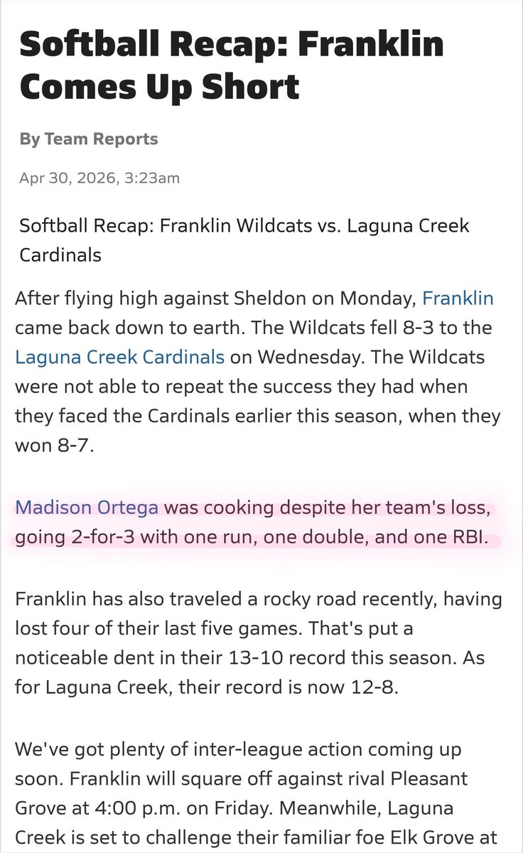 madiortega2027's tweet image. Took a loss against Laguna Creek in yesterday's match-up, but was still able to post some good stats.

.667 AVG - 2 Hits (1 2b, 1 1b, 1 bb, 1 fc)
.750 OBP - RBI &amp;amp; Run 
1.00 FPCT - 4 TC  (2 A, 2 PO) | 1 DP

#uncommitted2027 #softball #recruiting 

@westcoastpreps_ @WCPSacramento