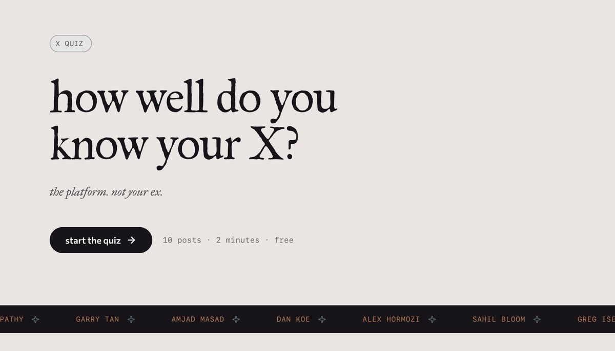 hot take: nobody on this app actually knows the people they follow.

they know the name. the reputation. the drama.
not the words.

we built a quiz to prove it. 10 real posts from the most followed people on X. blurred profile. no name.
take it → thine.com/quiz