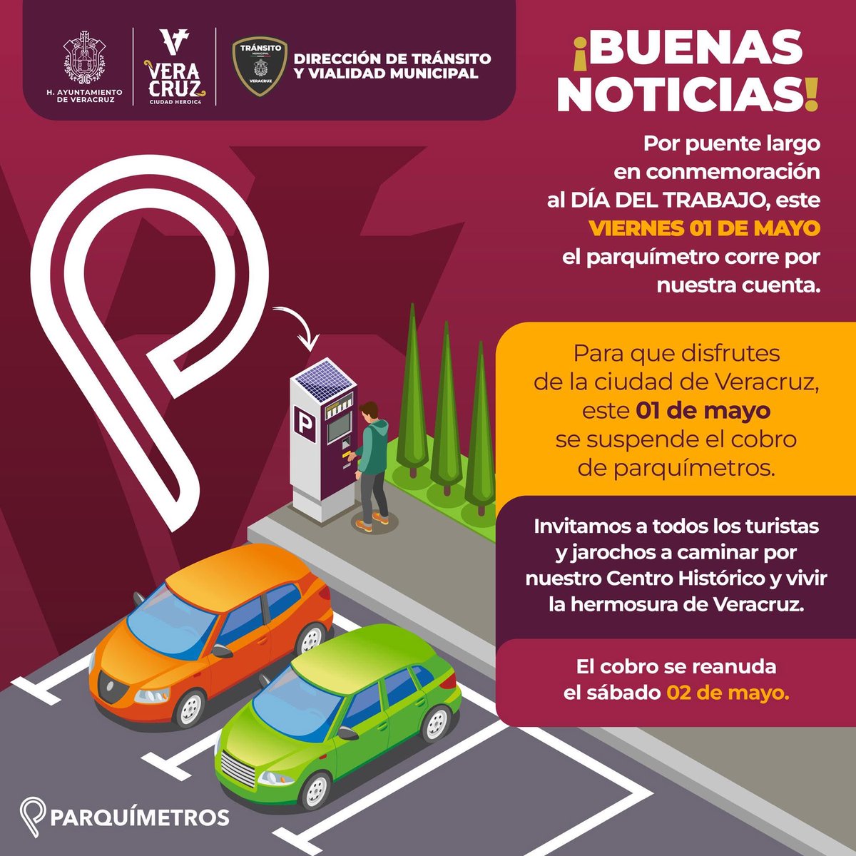 AyuntamientoVer's tweet photo. ¡Buenas noticias en este día feriado! 🚗✨

Con motivo del Día del Trabajo, el 1 de mayo se suspende el cobro de parquímetros en nuestro municipio.

Los invitamos a aprovechar, visitar en familia y recorrer el Centro Histórico.

#VeracruzCiudadHeroica https://t.co/ZBlFBch7Df