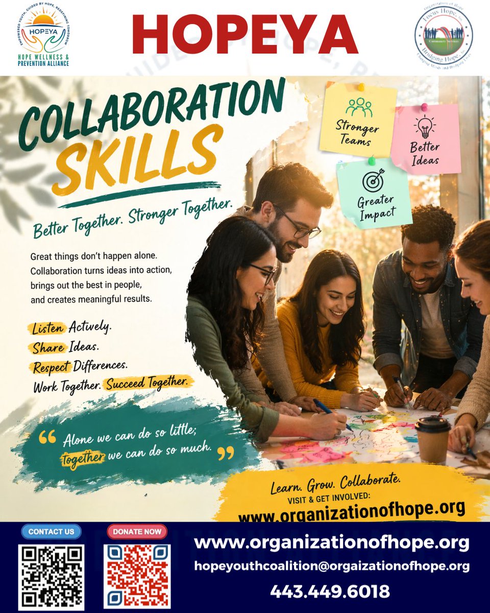 orgofhope's tweet image. "Teamwork builds leaders 💛✨ Collaboration skills help youth and communities solve problems, communicate better, and grow together.
#HOPEYA #OrganizationOfHope #Collaboration #LeadershipSkills #HopeInAction"
