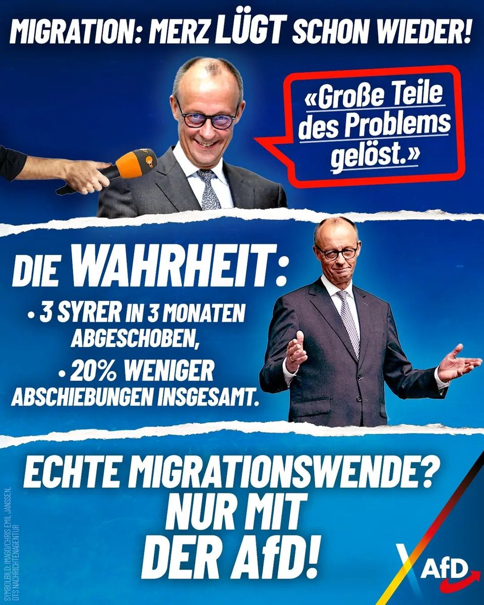 Großspurig verkündete Merzlein Anfang der Woche, die "Probleme" hinsichtlich der Migration in 🇩🇪 seien "gelöst". 
👇
Die Wahrheit: CDU und SPD schieben 20% weniger Asylbewerber ab als die Ampel. In 3 Monaten mussten ganze 3 Syrer die Heimreise antreten!