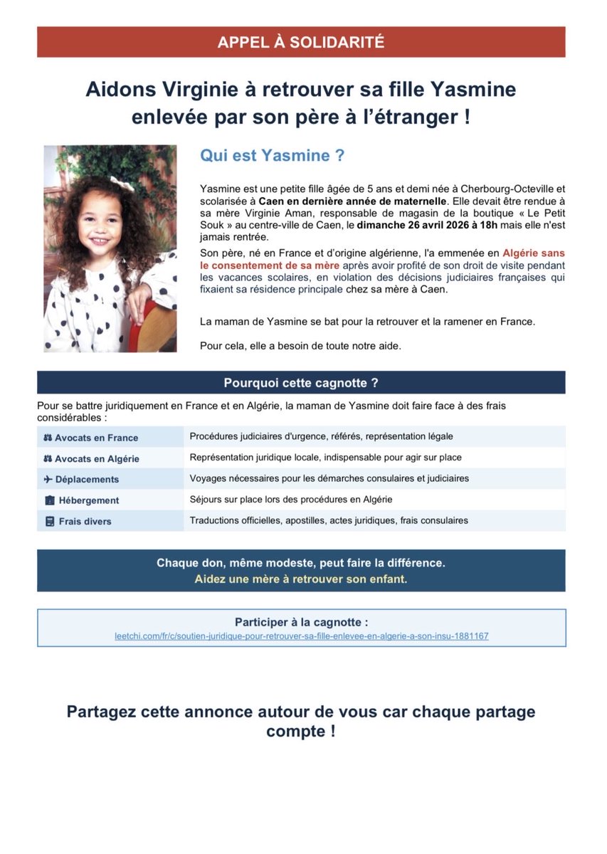 sesnbnes's tweet photo. ⚠️ Ma petite sœur Yasmine âgée de 5 ans a été enlevée et emmenée injustement par son père en Algérie. Nous n’avons plus aucune nouvelle d’elle. Partagez cette cagnotte afin de nous aider à couvrir les frais qui nous permettent de resserrer Yasmine dans nos bras ! Merci beaucoup❤️‍🩹 https://t.co/PubrLQ9Xic