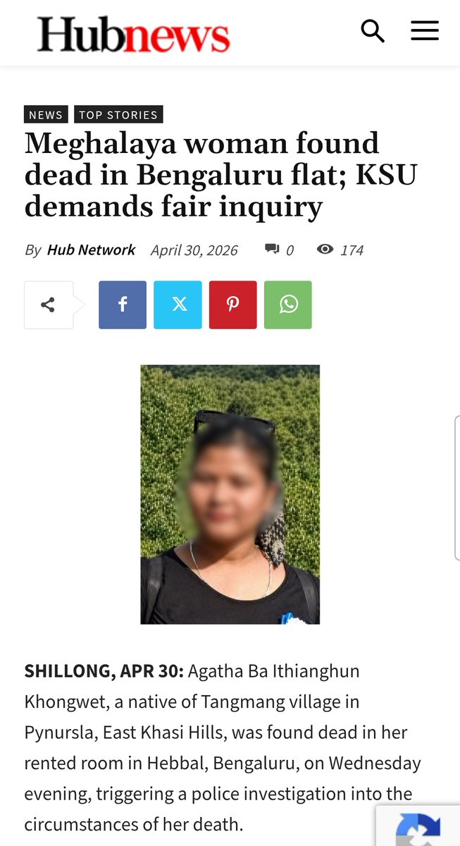 Mohan_HJS's tweet photo. Suspicious death of Agatha Ba Ithianghun Khongwet from Tangmang , Pynursla, in Bengaluru raises serious concerns. She was living with her boyfriend Nawaz Sharif. Every angle, including coercion, abuse, &amp; Love Jihad, must be thoroughly investigated. Truth must come out. @CPBlr https://t.co/NWnoDSKbyz
