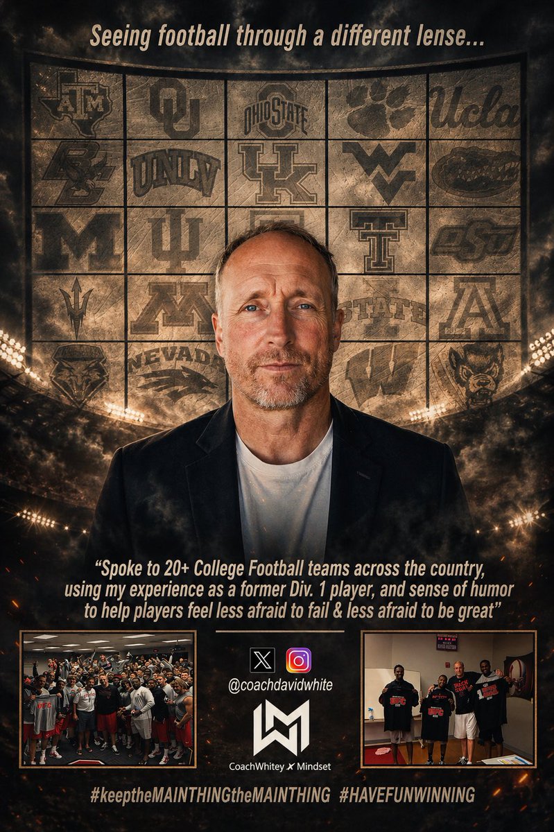 coachDavidWhite's tweet photo. 2026….will be back speaking to college football teams across the country.  Contact me if interested! 
#makeANimpact #beGREAT #keeptheMAINTHINGtheMAINTHING #HAVEFUNWINNING #MINDSETistheEDGE https://t.co/di7uAsFIk0