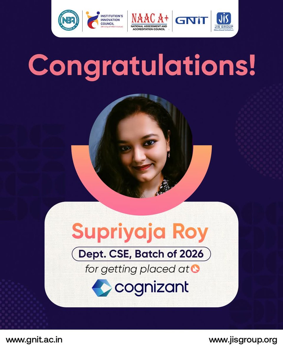 gnitsodepur's tweet image. 🎉 Congratulations to Supriyaja Roy! 🎉

We are delighted to celebrate the achievement of Supriyaja Roy from the Dept of Computer Science &amp;amp; Engineering (Batch of 2026) on her successful placement.
#Congratulations #PlacementSuccess #CSE #FutureReady #GNIT #Cognizant #SuccessStory