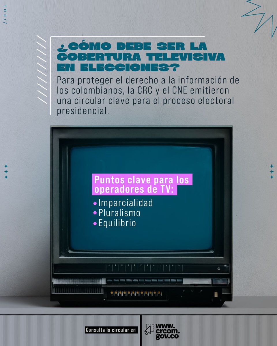 CRCCol's tweet image. 📺🗳️ Pluralismo, equilibrio informativo e imparcialidad son principios que orientan la cobertura televisiva del proceso electoral presidencial.

Así lo recuerda la circular conjunta emitida por la CRC y el @CNE_Colombia.

#CoberturaElectoral #CRC