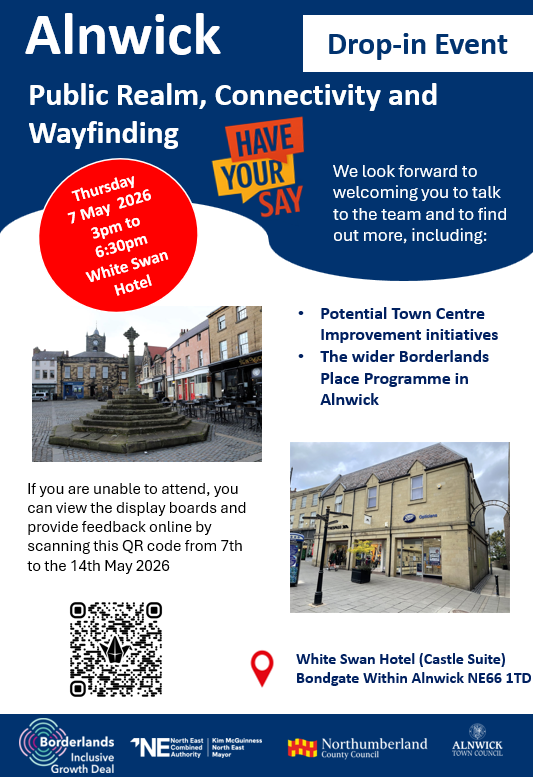 N_landCouncil's tweet image. You're invited to join our next #Alnwick drop-in event to find out more about plans for the town.
⏰Thursday, May 7, 3pm-6.30pm
🏛️White Swan Hotel, Bondgate Within NE66 1TD
Get the latest on:
📌Potential town centre improvements
📌The Borderlands Place Programme for Alnwick