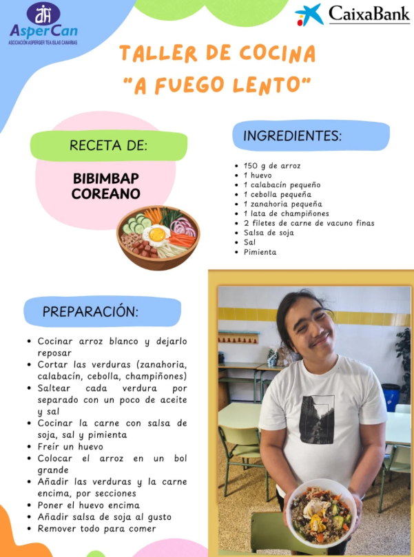 AspercanONG's tweet image. En nuestro taller de cocina “A FUEGO LENTO”, del pasado jueves, seguimos descubriendo sabores del mundo… ¡y esta vez tocó Bibimbap coreano! 🥢🍚

Gracias a @fundlacaixa y @caixabank por apoyar iniciativas que suman y transforman 💙

#TEA #Inclusión #afuegolento
