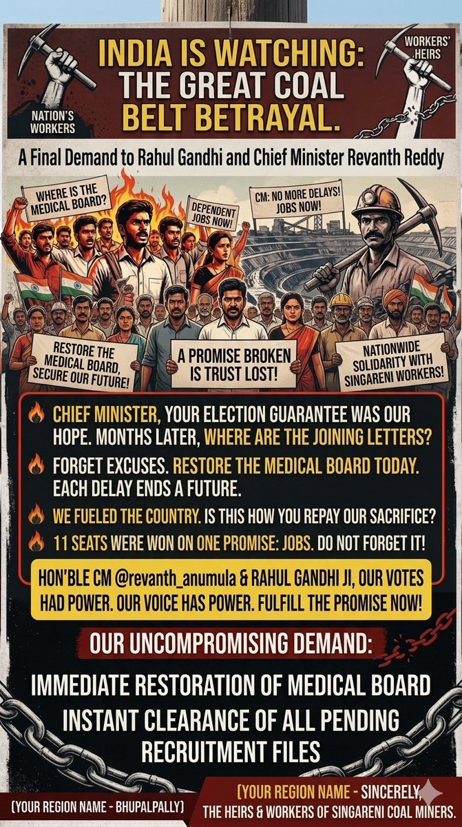 AppalaVamshi's tweet photo. Mr. @RahulGandhi, India is watching your 'Telangana Model'. You won 11/11 seats in the coal belt by promising to restore the Singareni Medical Board and Dependent Jobs. Today, your CM @revanth_anumula is silent while thousands of youth are losing their age eligibility. #SINGARENI https://t.co/JyiKcHyNat