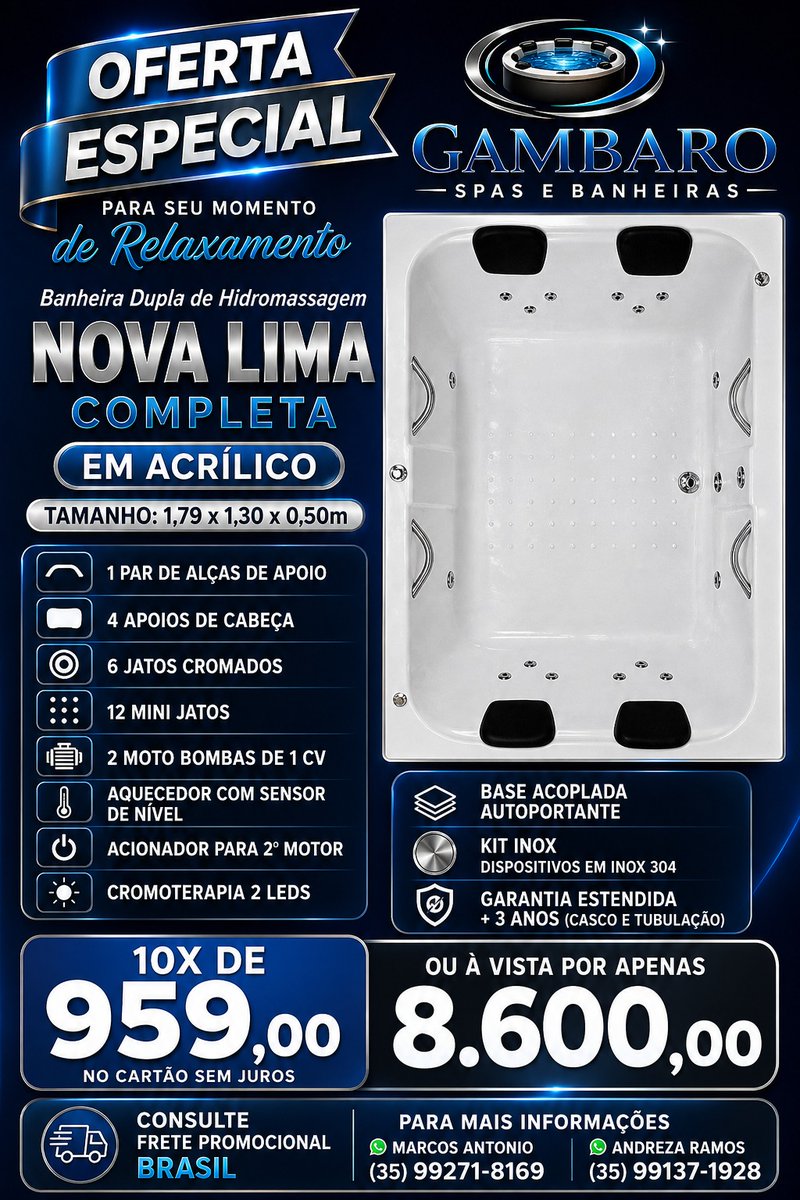 🔥 OFERTA EXCLUSIVA – COMBO PROMOCIONAL IMPERDÍVEL! 🔥 Gambaro Spas e Banheiras 
Garanta o combo completo com tudo que você precisa para relaxar com estilo, direto da fábrica para sua casa!
#ofertaexclusiva #promoção #comboimperdível #banheira #spaemcasa #luxoacessível   #spas