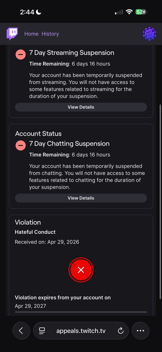 StormTaker21's tweet photo. Hello, @TwitchSupport
I’m here to ask as to why my Twitch account got suspended for “Hateful Conduct” when I literally just watched somebody’s stream and sent no chats on the platform?

I submitted an appeal, but it got rejected. I would like to know why since I did nothing wrong https://t.co/XTOqdOsdhP